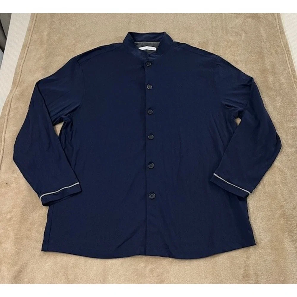 Cathay‎ Pacific Pye Pajama Top Men Large Blue Button Up Mandarin Collar Shirt